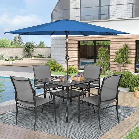 Crownland 5 Piece Patio Dining Set, Outdoor Textilene Dining Sets, 4 Textilene Metal Chairs and Square Outdoor Dining Table with Dark Blue 9FT Round Outdoor Umbrella (Grey)