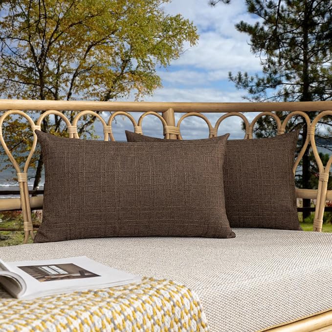 Kevin Textile Outdoor Waterproof 14”x24” Lumbar Pillow Covers 2 Pack, Brown | Water Resistant, Soft Faux Linen-cotton Yarn-dyed Woven Texture Throw Pillow Covers for Tent Patio Garden Couch Sofa