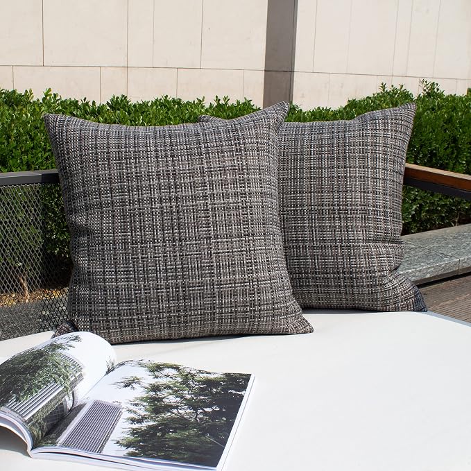 Kevin Textile Outdoor Waterproof 16x16 Inch Pillow Covers 2 Pack, Grey | Water Resistant, Faux Linen Yarn-dyed, Woven Texture Throw Pillow Covers for Tent Patio Garden Couch Sofa