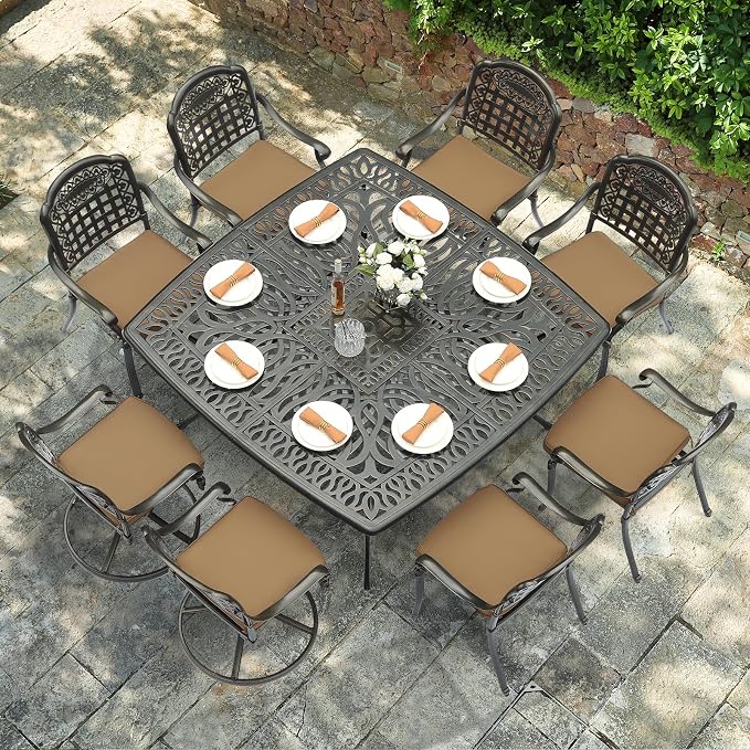 VIVIJASON 9-Piece Outdoor Dining Set, Cast Aluminum Patio Table & Chair Furniture Set for 8, Include Large 64" Square Dining Table, 2 Swivel Rocker Chairs, 6 Stationary Chairs, Umbrella Hole, Khaki
