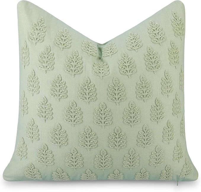 Crumbs Home Modern Farmhouse California Casual Indoor Outdoor Throw Pillow Cover, 20"x20" Water Repellent for Patio, Backyard, Couch, Poolside, Light Green Embroidered Leaves