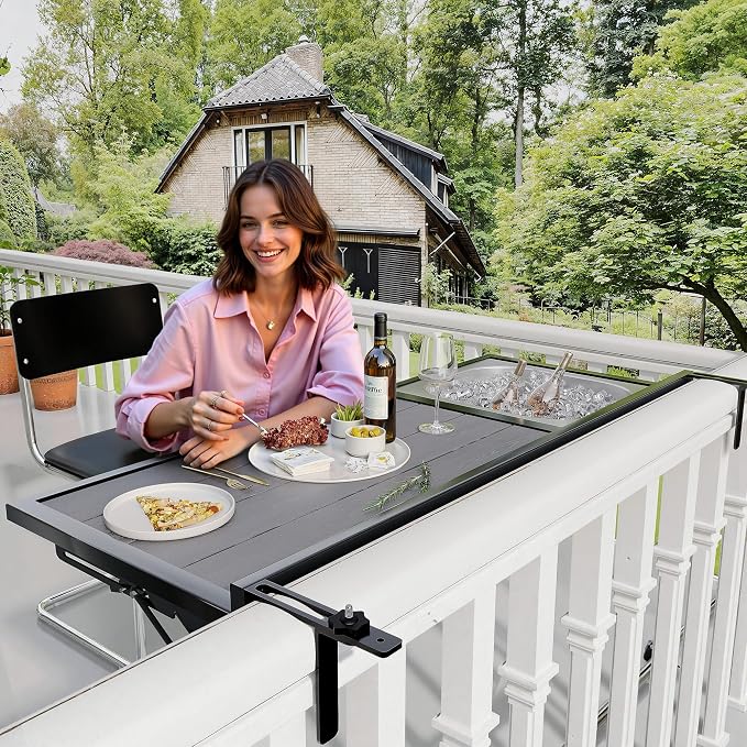 Foldable Balcony Table Outdoor Patio Bar Table with Staice Bucket, Adjustable Above Ground Pool Side Bar Table Fit for Oval Frame, Hanging Balcony Railing Table, 40” x 7”
