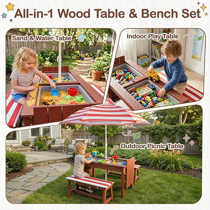 BRINJOY Kids Picnic Table with Umbrella, Outdoor Wooden Table & Bench Set w/Cushions & 2 Removable Boxes, 4-in-1 Children Sand and Water Table Activities Furniture for Patio, Garden, Indoor Outdoor