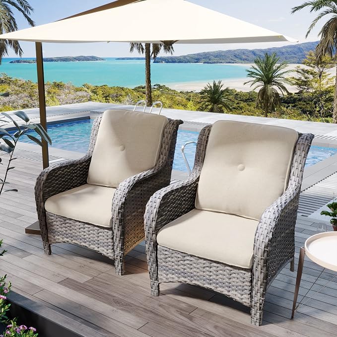 Outdoor Wicker Chair Rattan Patio Dining Chairs Set of 6 PE Wicker Patio Chairs with 4 inch Seat Cushions Patio Seating Chair for Garden, Backyard Swimming Pool, Balcony, Beige