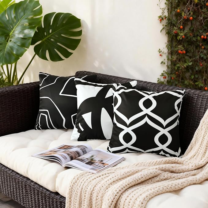 Abstract Lines Outdoor Waterproof Pillow Covers 18x18 Inch, 2 Pack | Black and White Striped Throw Pillow Cover, Modern Aesthetic Cushion Cases for Patio Garden Tent Balcony Couch Bed Sofa