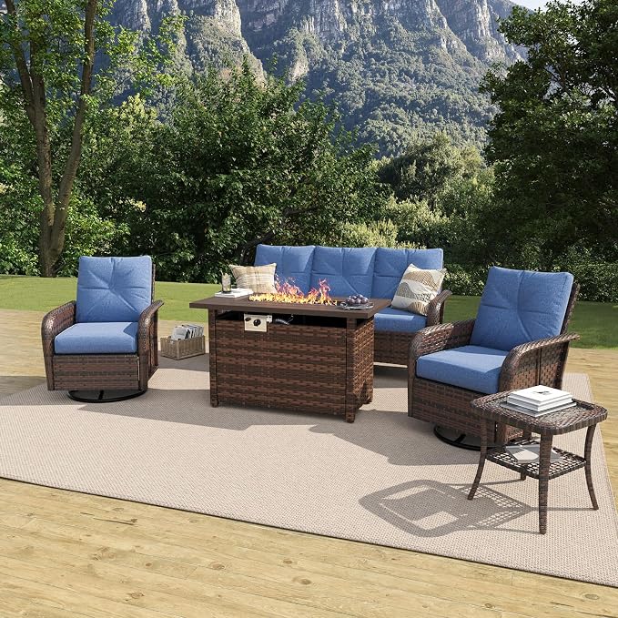 LazySunsets 7 Piece Outdoor Patio Furniture Set with 44'' Fire Pit Table, Wicker Rattan Outdoor Furniture with High Back Swivel Rocker Chairs, Outdoor Sofa Set with Thick Cushions, Navy Blue