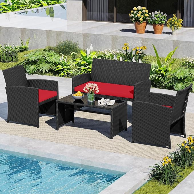 HAPPYGRILL 4 Piece Rattan Wicker Patio Conversation Set, Outdoor Furniture with Chair Loveseat Table & Cushion, for Backyard Porch Balcony (1, Black & Red)