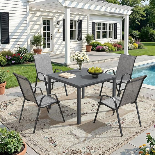 DIFY 5 Piece Outdoor Dining Set, 40" Square Metal Patio Table and Textilene Stackable Chairs for 4, All Weather Patio Furniture Set with Umbrella Hole for Backyard Garden Deck, Grey