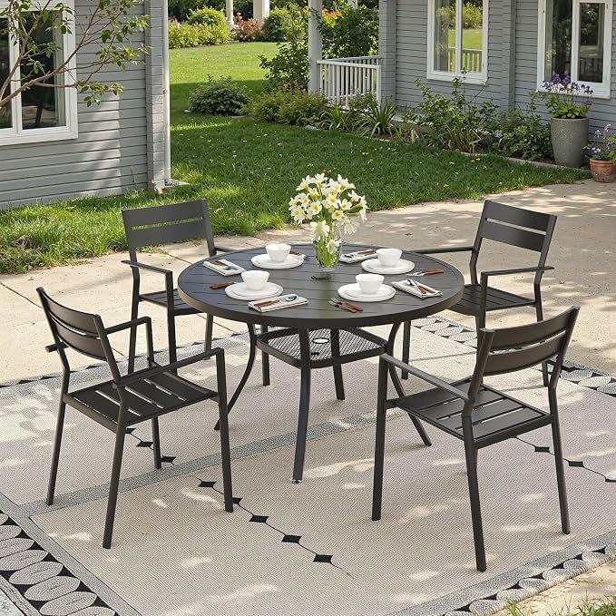 Patio Dining Set for 4, 40.6" Outdoor Dining Table and Chairs Set with Stackable Patio Chairs Outdoor Furniture Outdoor Furniture for Garden Deck Backyard, Black Table and Black Chairs