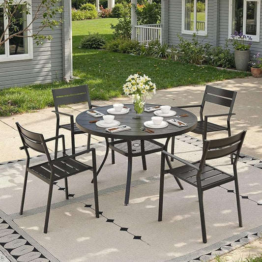 Patio Dining Set for 4, 40.6" Outdoor Dining Table and Chairs Set with Stackable Patio Chairs Outdoor Furniture Outdoor Furniture for Garden Deck Backyard, Black Table and Black Chairs