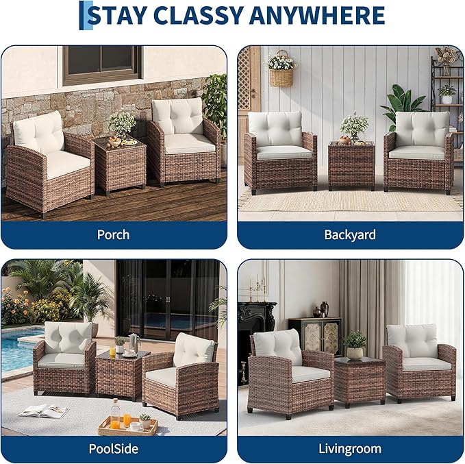 3-Piece Patio Furniture Set, PE Rattan Wicker Outdoor Sofa Set with Washable Cushions & Tempered Glass Tabletop, Conversation Set for Garden, Poolside, Balcony (Brown Wicker & Beige Cushions)