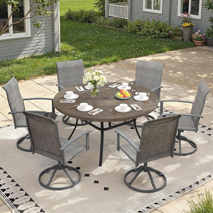 Outdoor Dining Table for 6, 50" Round Outdoor Table with Adjustable Umbrella Hole, All-Weather Metal Patio Dining Table for Lawn Garden Backyard Deck, Grey
