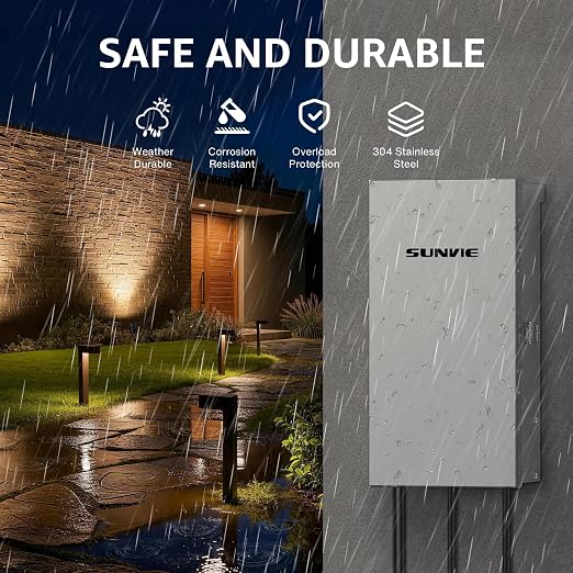 SUNVIE 200W Low Voltage Transformer with 3 Zone, Photocell Sensor & Timer | 120V to 12V/14V AC Landscape Transformer, 304 Stainless Steel, Circuit Protection, for Garden Lights Path Lights Spotlights