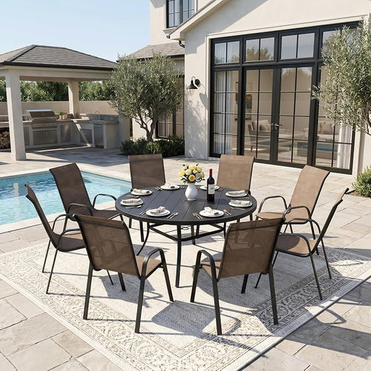DIFY 9 Piece Outdoor Dining Set, 53" Black Round Metal Patio Table and Brown Textilene Stackable Chairs for 8, All Weather Patio Furniture Set with Umbrella Hole for Backyard Garden Deck