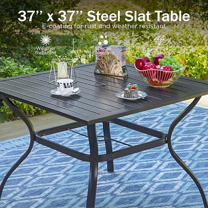 PHI VILLA 37 Inch Outdoor Dining Table Metal Steel Slat Square Patio Dining Table with 1.57" Umbrella Hole for Garden, Backyard and Porch (Classic Black)