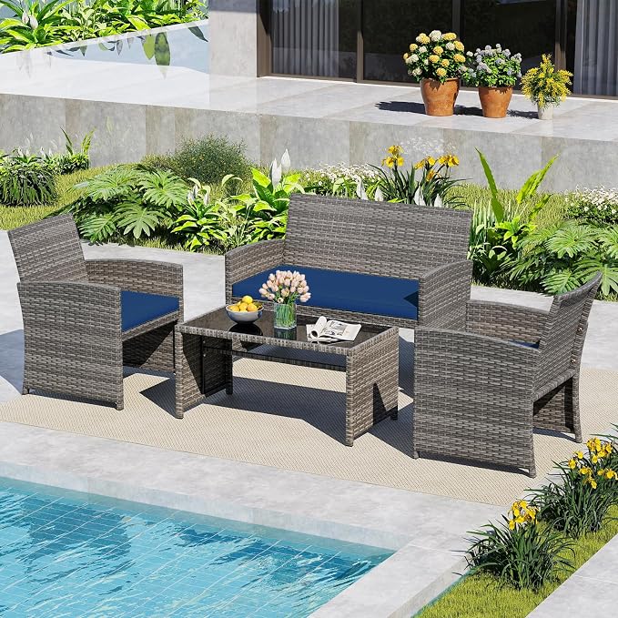 HAPPYGRILL 4 Piece Rattan Wicker Patio Conversation Set, Outdoor Furniture with Chair Loveseat Table & Cushion, for Backyard Porch Balcony (1, Navy)