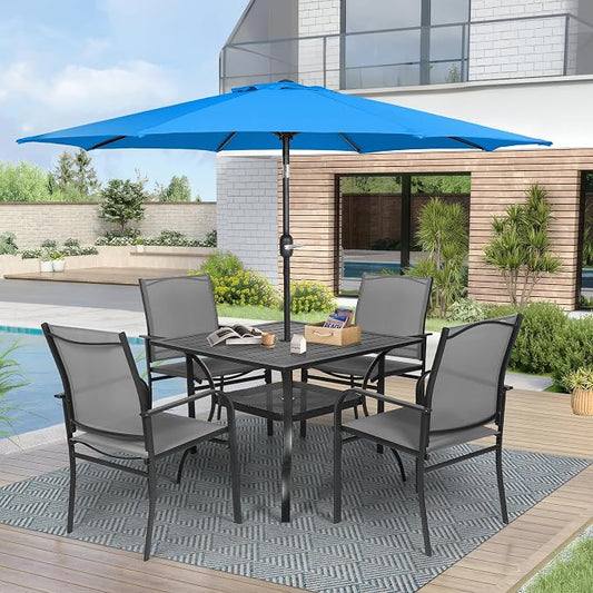 Crownland 5 Piece Patio Dining Set, Textilene Dining Sets, 4 Textilene Metal Chairs and Square Outdoor Dining Table with Sky Blue 9FT Round Outdoor Umbrella (Grey)