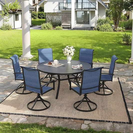 VICLLAX 7 Pieces Outdoor Dining Set, Patio Furniture Set Includes 47" Round Metal Table W/ 1.9" Umbrella Hole and 6 Padded Textilene Swivel Chairs for Porch, Lawn, Garden, Backyard