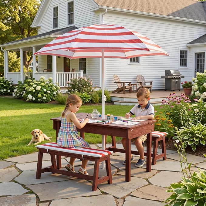BRINJOY Kids Picnic Table with Umbrella, Outdoor Wooden Table & Bench Set w/Cushions & 2 Removable Boxes, 4-in-1 Children Sand and Water Table Activities Furniture for Patio, Garden, Indoor Outdoor