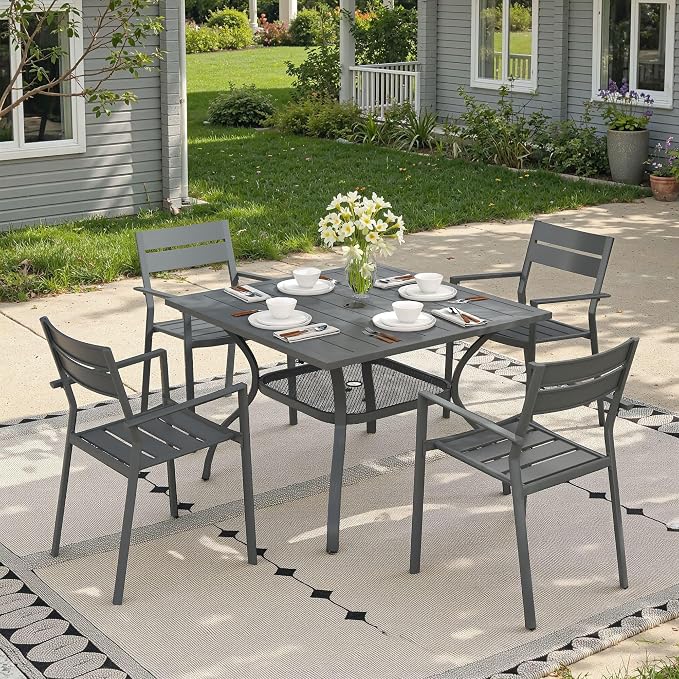 Patio Dining Set for 4, 37.8" Outdoor Dining Table and Chairs Set with Stackable Patio Chairs Outdoor Furniture for Garden Deck Backyard, Dark Grey Table and Grey Chairs