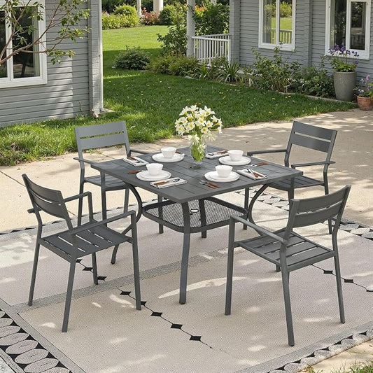 Patio Dining Set for 4, 37.8" Outdoor Dining Table and Chairs Set with Stackable Patio Chairs Outdoor Furniture for Garden Deck Backyard, Dark Grey Table and Grey Chairs