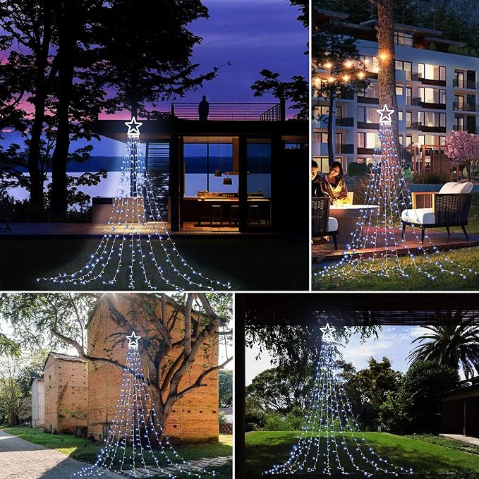 Christmas Decorations, Outdoor Christmas Lights, 320 LED Outdoor Christmas Tree String Lights with 12" Star Toppers [8 Modes& Waterproof] for Xmas New Year Holiday Decor (White)