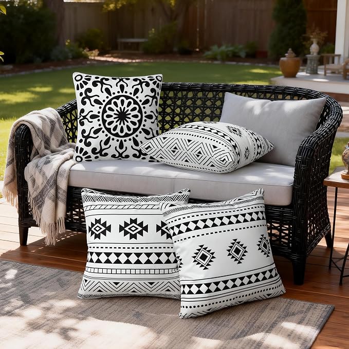 Black White Outdoor Waterproof Pillow Covers 18x18 Inch Set of 2 | Morocco Tile Geometric Decorative Throw Pillow Cover, Boho Outdoor Cushion Cases for Patio Funiture Garden Couch Bench