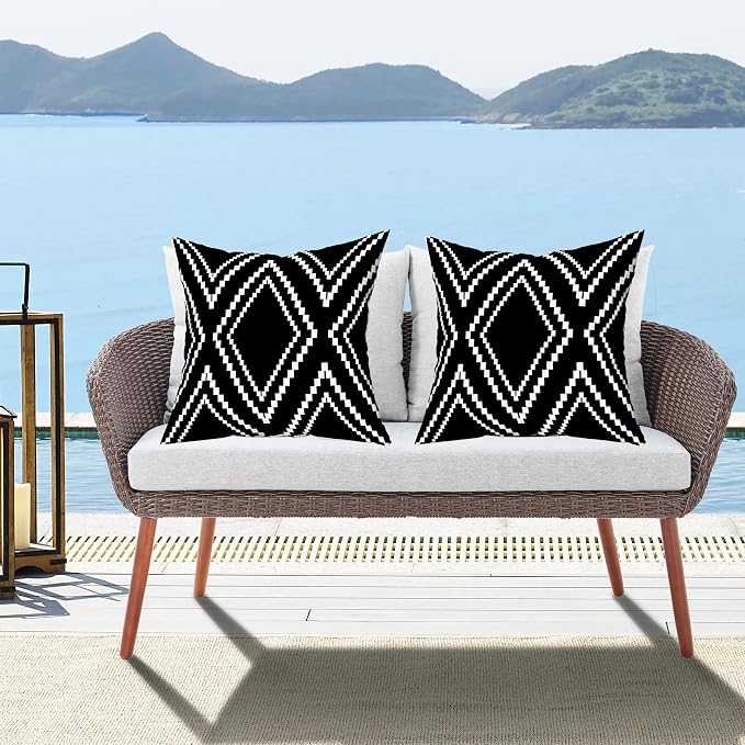 Outdoor Pillows Waterproof Set of 2, 22x22 Inches Black and White Geometric Throw Pillows Cover for Patio Furniture, Outdoor Pillow Covers for Couch Black (Black&white-01, 22x22 Inch)