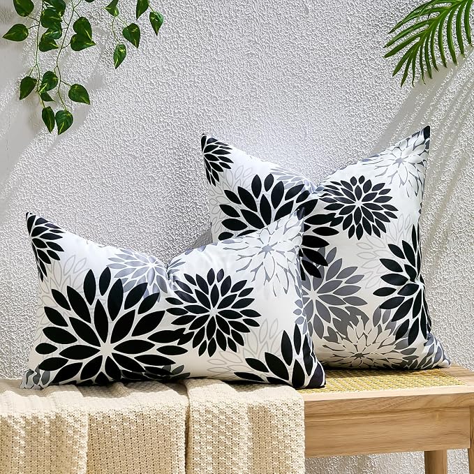 Outdoor Waterproof Cushion Covers 12x20 Inch Dahlia Flowers Throw Pillow Covers Set of 2 Decorative Pillowcases with Invisible Zipper Black and Gray for Inside and Outdoor Decor