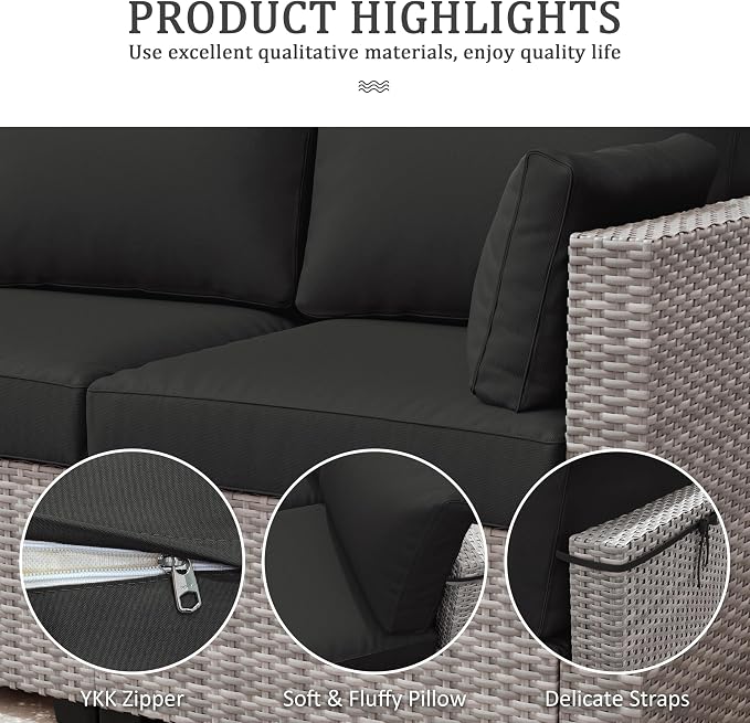 Outdoor Furniture Replacement Cushions, Waterproof Patio Furniture Cushions, 4" Deep Seat Outdoor Sectional Cushion for 3-Seat Outdoors Rattan Sofa Patio Sofa Cushion, Black
