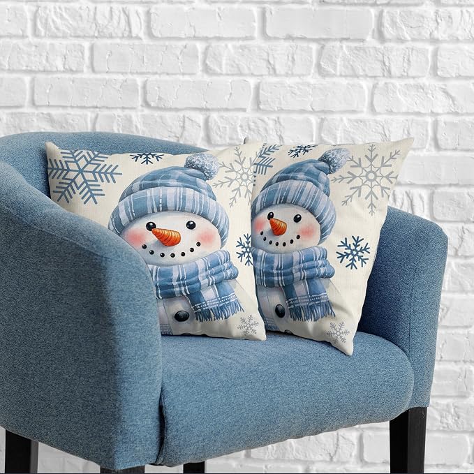 Lovely Blue Snowman Pillow Covers Winter Throw Pillow Case 18x18 Set of 2 Snowflakes Pillowcase Holiday Cushion Case for Living Room Bedroom Couch Sofa