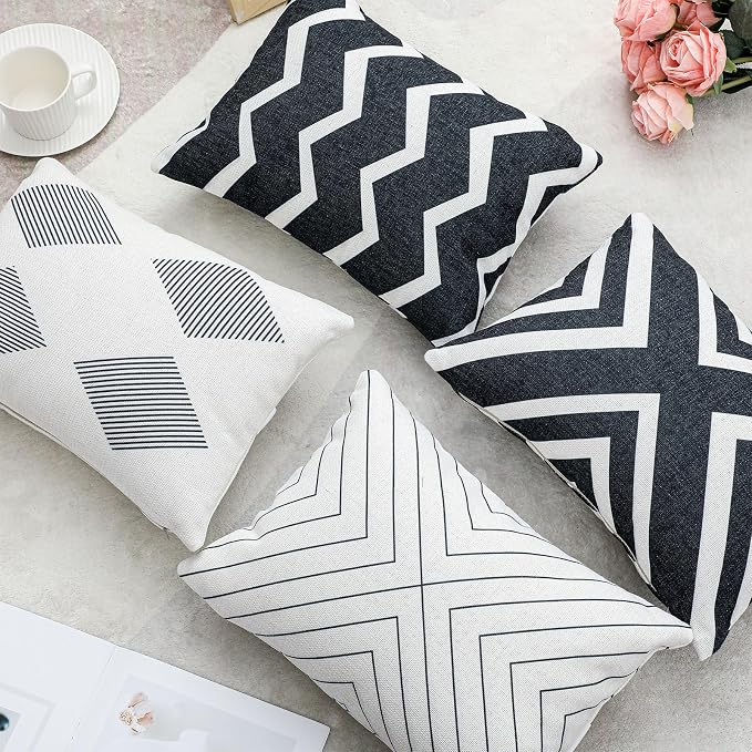 Juexica 4 Pcs Black & White Chaise Lounge Headrest Pillow, 16 x 11'', Stripe Decorative Outdoor Patio Neck Headrest Pillow, Adjustable Elastic Strap, Waterproof for Pool Recliner Hammock Beach Chair