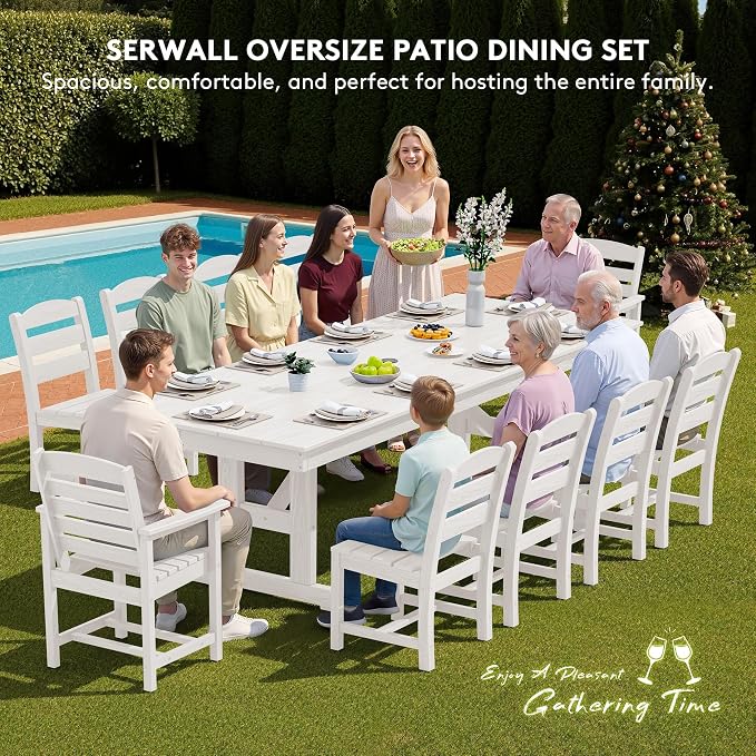 SERWALL Outdoor Armless Dining Chairs Set of 4, All-Weather HDPE Patio Chair with 19.7" Widened Seat, for Backyard, Garden, White