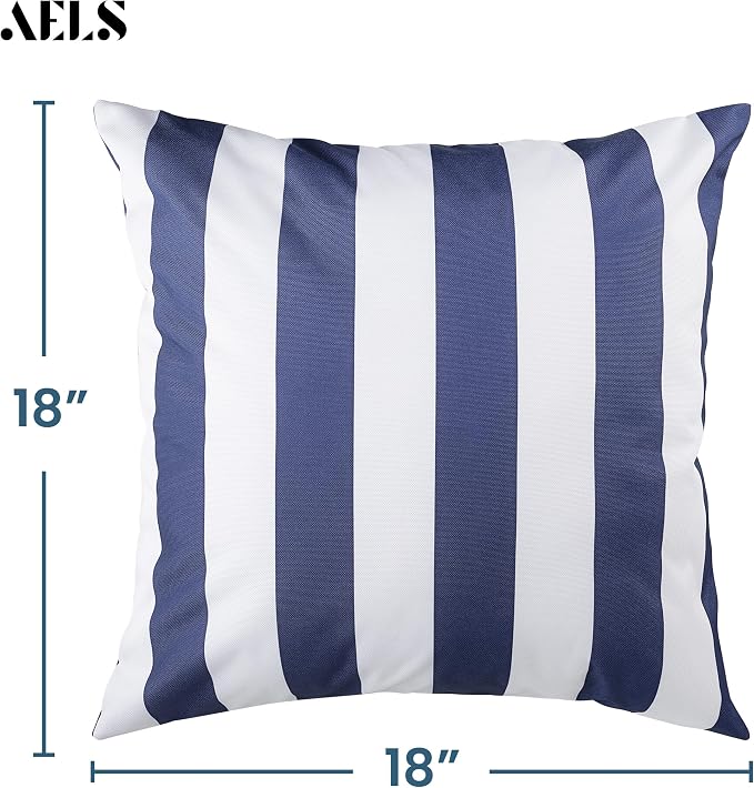Outdoor Pillow Covers 18x18 Inch, Waterproof Throw Pillow Covers Pack of 2, Water-Resistant Decorative Pillow Case for Patio Furniture Tent Garden, Nautical Navy Blue White Stripes, Cover ONLY