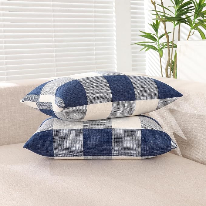 CARRIE HOME Navy Blue Buffalo Plaid Lumbar Pillow Covers 12x20 Set of 2 Blue Checkered Pillow Covers 12 x 20 Outdoor Farmhouse Lumbar Pillow Covers for Front Porch and Patio Furniture