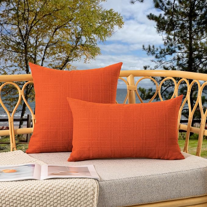 Kevin Textile Outdoor Waterproof 26”x26” Pillow Covers 2 Pack, Orange | Water Resistant, Soft Faux Linen-cotton Yarn-dyed Woven Texture Throw Pillow Covers for Tent Patio Garden Couch Sofa