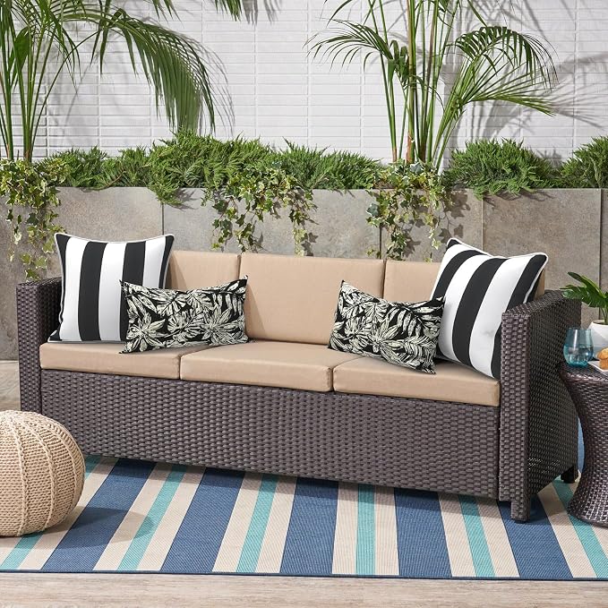 Outdoor Throw Pillow Covers Pack of 2, Decorative Water Repellent Square Pillow Cases with Piping 18x18 Inch, Cabana Black