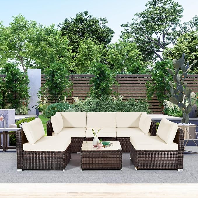 HAPPYGRILL 6 Pieces Outdoor Patio Furniture Set, PE Rattan Conversation Set with Tempered Glass Coffee Table and Cozy Cushions, Weather Resistant Sectional Sofa Set, White