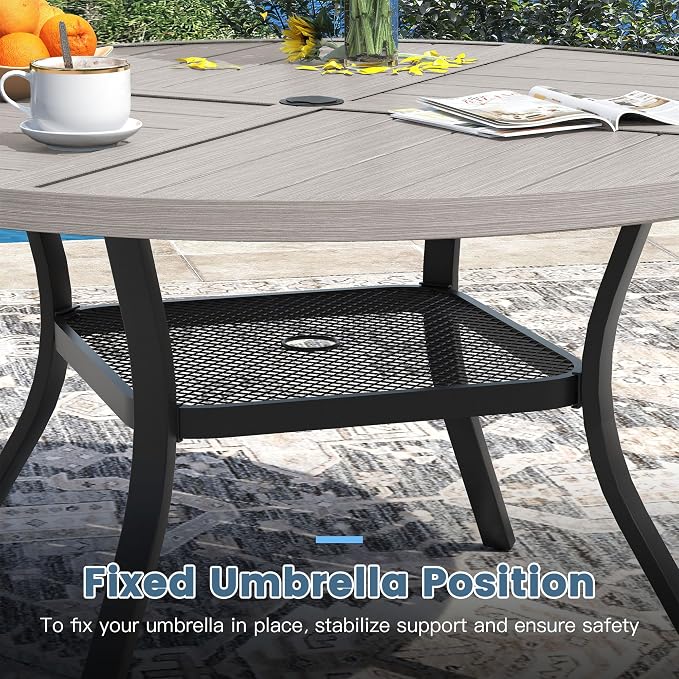 DIFY 5 Piece Outdoor Dining Set, 40" Grey Wood-Like Round Metal Dining Table and Grey Textilene Stackable Patio Chairs, Patio Table and Chairs Set for 4 with Umbrella Hole for Backyard Garden Deck