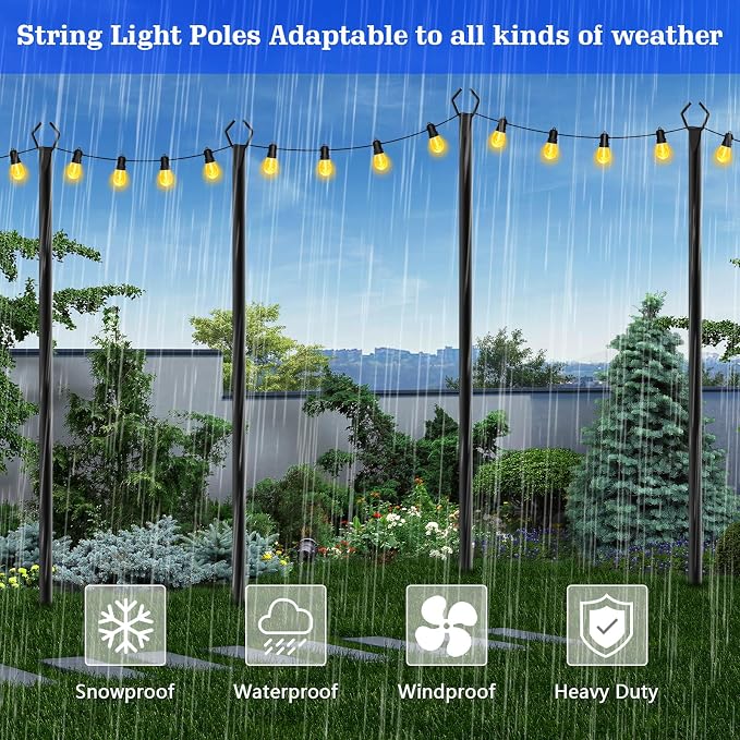 SINLEY 6 Pack String Light Poles,10 Ft Metal Poles with Fork for Outdoor String Lights,Outdoor Light Poles with Fork,Poles/Post/Stand for Outside,Patio,Deck,Backyard,Garden Wedding,Party