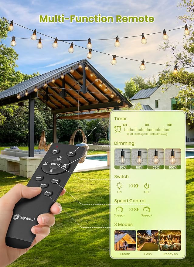 Brightown 158FT Solar String Lights Outdoor, IP65 Waterproof, Remote, Timer | Patio Lights with 75 LED Shatterproof Bulbs, 3 Light Modes, Dimmable, Outside Light for Backyard Porch Yard Party Xmas Decor