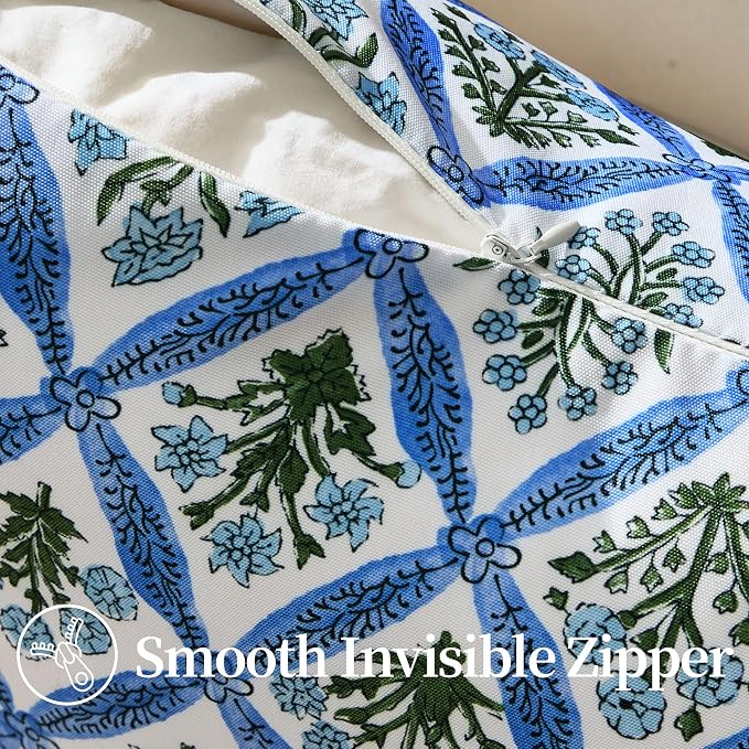 Allorry Floral Outdoor Pillow Covers 20x20 Blue Outdoor Waterproof Decor | Set of 2 Vintage Floral Block Print Pillow Cover,Farmhouse Boho Decorative for Spring Summer Outdoor Sofa Bedroom Decor