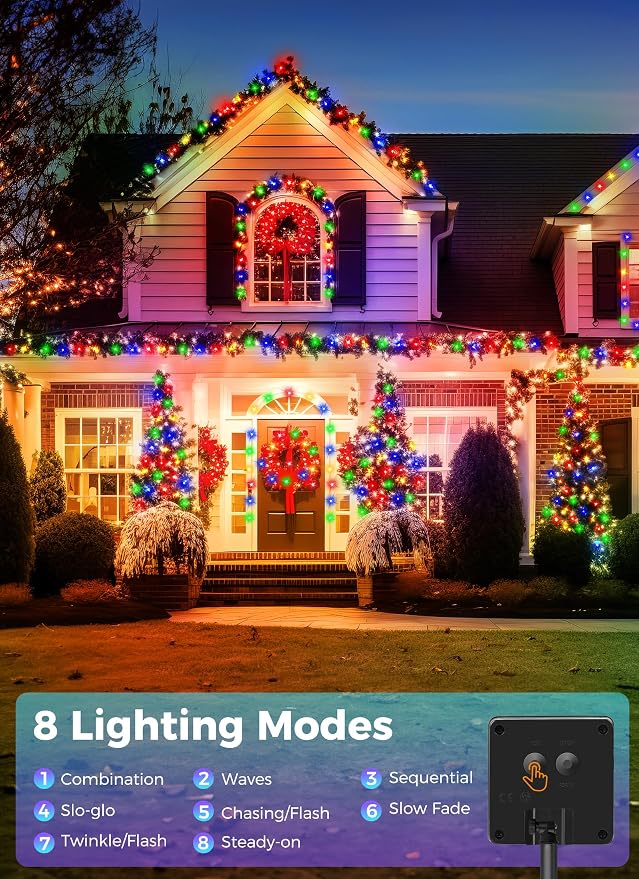 Minetom Solar String Lights Outdoor, 40FT 100 LED Christmas String Lights | Solar Christmas Lights Outdoor with 8 Lighting Modes, Waterproof Color Solar String Lights for Outside Tree Yard, Multicolor