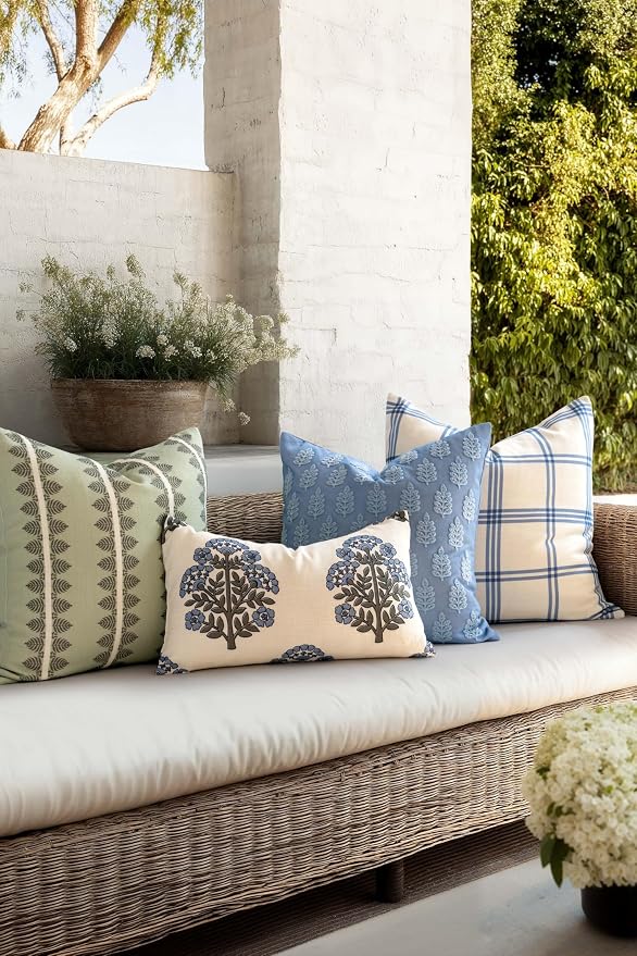 California Casual Coastal Indoor Outdoor Lumbar Pillow Cover, 12"x20" Water Repellent for Patio, Backyard, Couch, Poolside, Earth Tone Tan Azure Blue Block Print Hydrangea Flowers