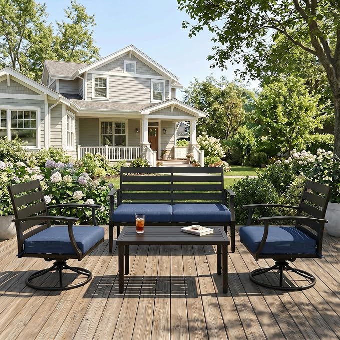 Aoodor Patio Chair Cushions Set of 4, 21 x 21 x 4 Inch Water Resistant Outdoor Seat Cushions with Handle and Ties, Square Corner Cushions for Patio Furniture Garden Lawn, Navy Blue