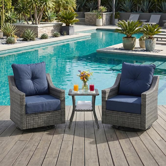 3 Pieces Patio Furniture Set with 6" Thick Cushions, All Weather Outdoor Wicker Swivel Rocker Chairs Set of 2 with Table for Porch Yard Deck