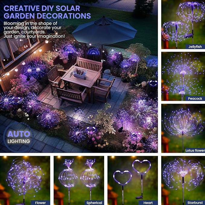 GIGALUMI 2 Pack Solar Firework Lights Outdoor, Halloween Decor, Purple | 120 LEDs, Fairy Design, Waterproof, Garden Decor, Solar Powered for Yard, Pathway, Flowerbed, Planter, Balcony, Gifts for Mom