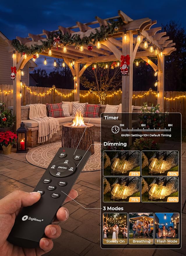 Brightown 100FT Solar String Lights Outdoor, 31+2 Shatterproof LED Lights | Waterproof, Remote Control, Dimmable, Timer, 3 Light Modes Solar Lights for Yard, Camping, Parties and Outdoor Decor