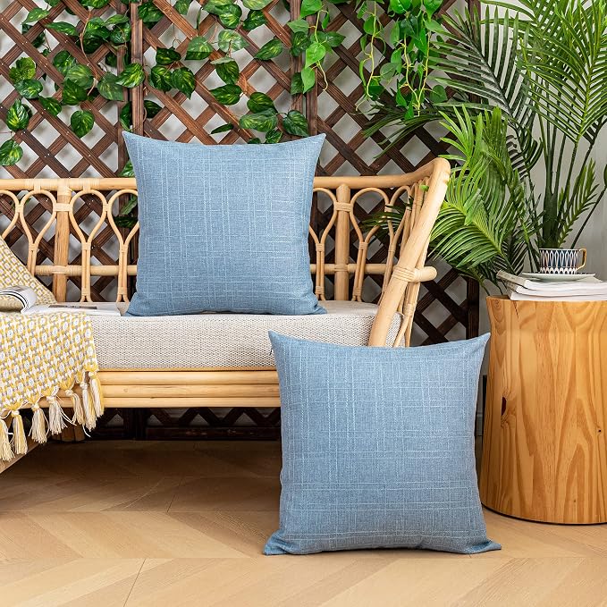 Kevin Textile Outdoor Waterproof 24”x24” Pillow Covers 2 Pack, Light Blue | Water Resistant, Soft Faux Linen-cotton Yarn-dyed Woven Texture Throw Pillow Covers for Tent Patio Garden Couch Sofa