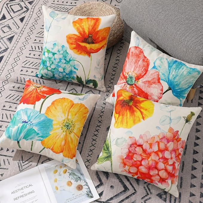 Summer Outdoor Throw Pillow Covers Waterproof, Lotus Flower Hydrangea Decor | 18x18 Summer Outdoor Pillow, Lotus Flower Decor, Hydrangea Pillow Covers, Set of 4, Outdoor Pillows for Porch Patio Furniture